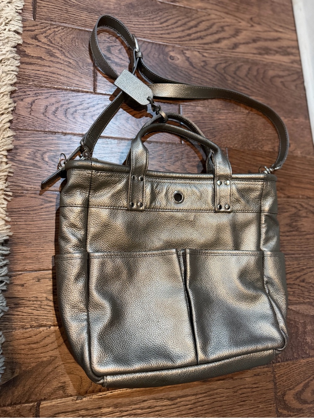 Levenger St. Tropez Metallic Pebbled Leather mTote Bag w/ Strap - Pewter -